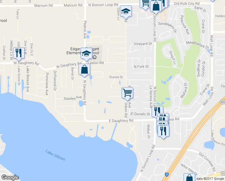 map of restaurants, bars, coffee shops, grocery stores, and more near 5722 Granite Lane in Lakeland