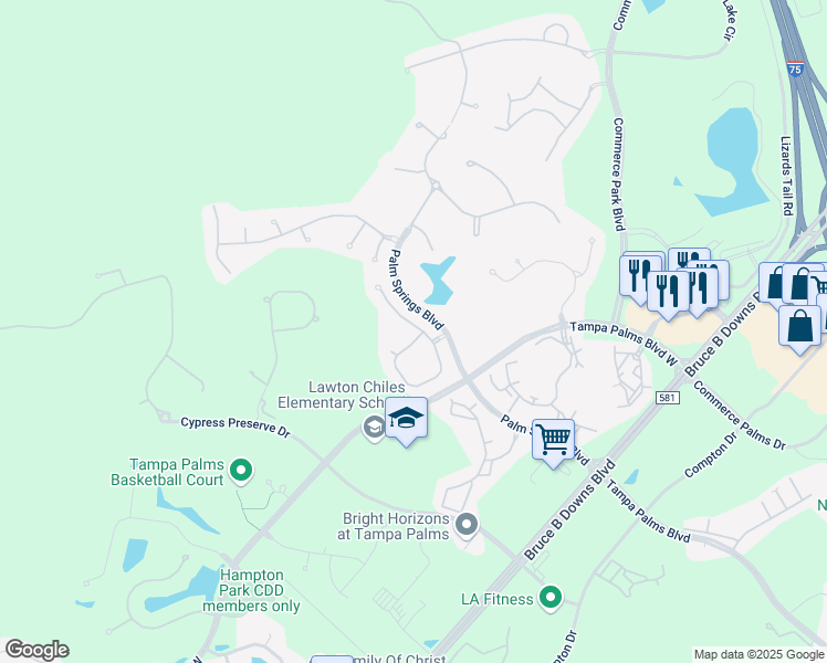 map of restaurants, bars, coffee shops, grocery stores, and more near 16301 Ashington Park Drive in Tampa