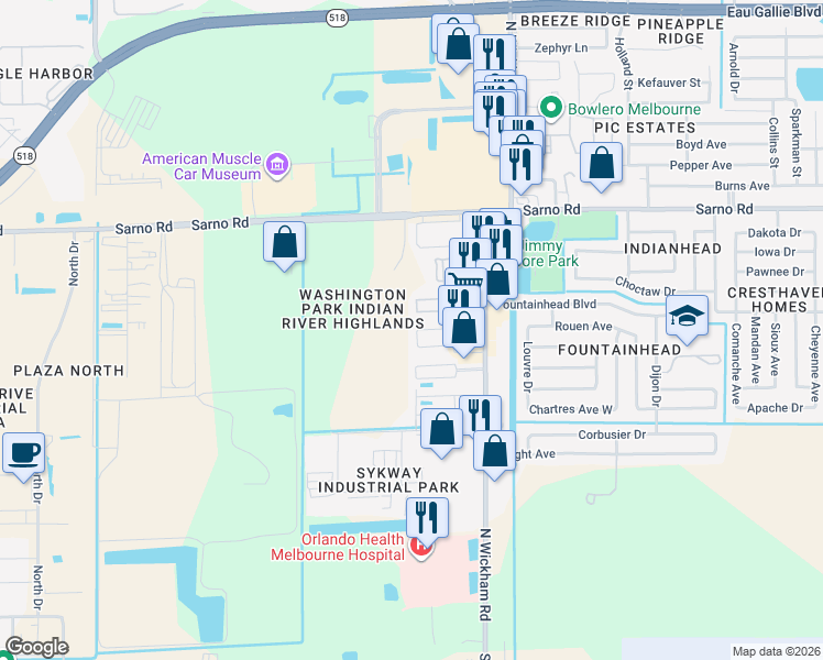 map of restaurants, bars, coffee shops, grocery stores, and more near 708 Ridge Club Drive in Melbourne