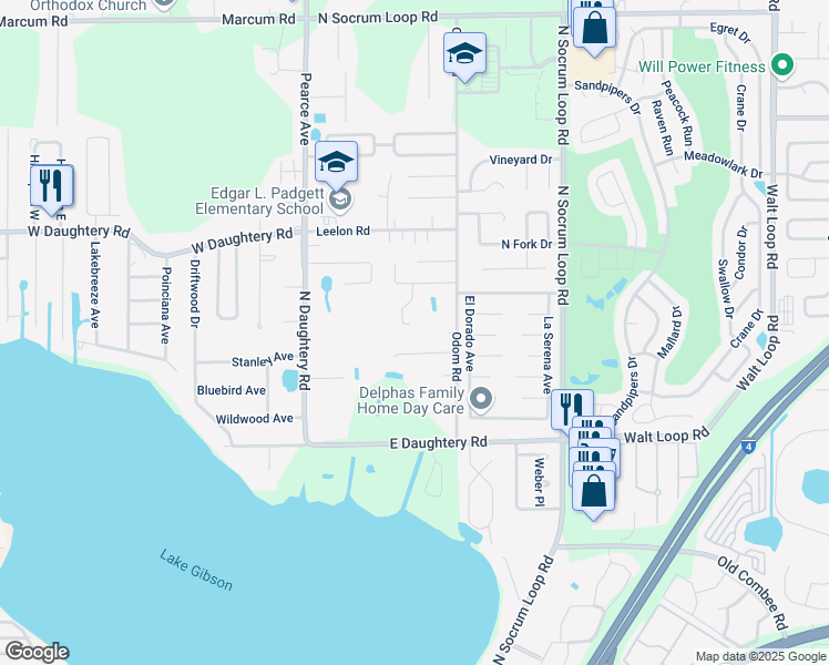 map of restaurants, bars, coffee shops, grocery stores, and more near 5722 Granite Lane in Lakeland