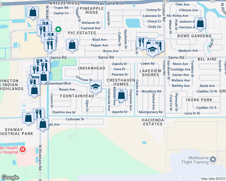 map of restaurants, bars, coffee shops, grocery stores, and more near 649 Comanche Avenue in Melbourne