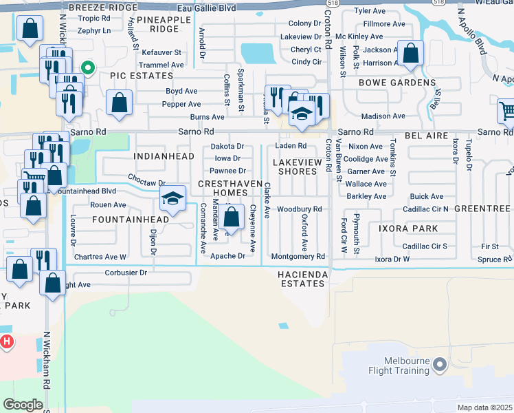 map of restaurants, bars, coffee shops, grocery stores, and more near 649 Cheyenne Avenue in Melbourne