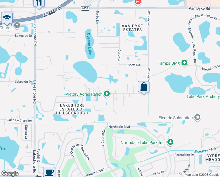 map of restaurants, bars, coffee shops, grocery stores, and more near 16748 Whirley Road in Lutz