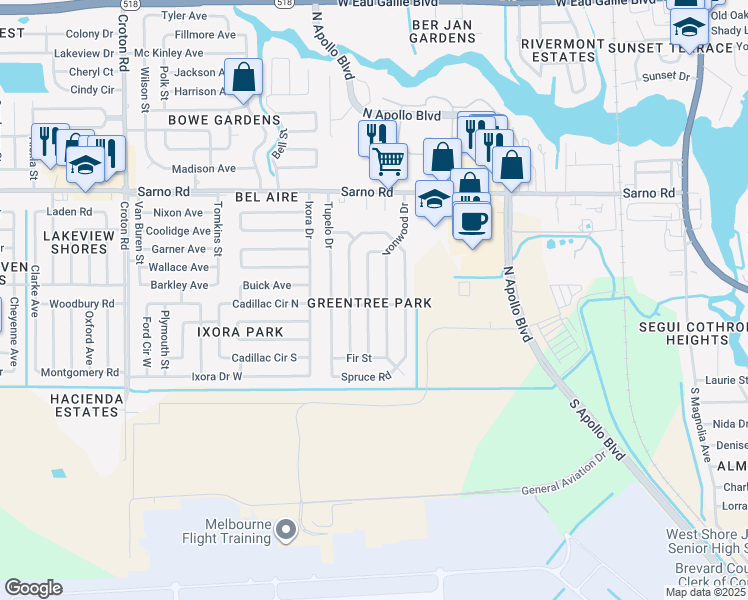 map of restaurants, bars, coffee shops, grocery stores, and more near 655 Ebony Street in Melbourne