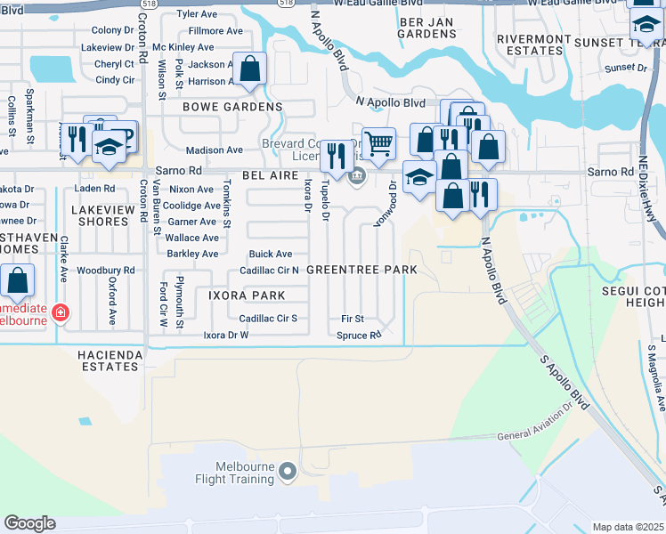 map of restaurants, bars, coffee shops, grocery stores, and more near 655 Tupelo Drive in Melbourne
