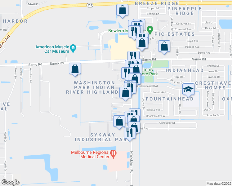 map of restaurants, bars, coffee shops, grocery stores, and more near 735 Ridge Club Drive in Melbourne