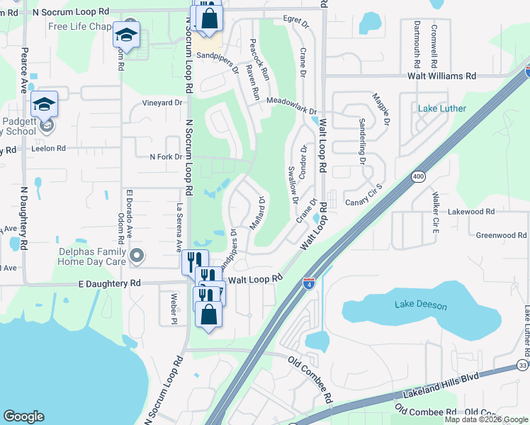 map of restaurants, bars, coffee shops, grocery stores, and more near 5805 Mallard Drive in Lakeland