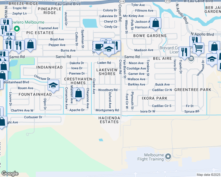 map of restaurants, bars, coffee shops, grocery stores, and more near 2150 Woodbury Road in Melbourne
