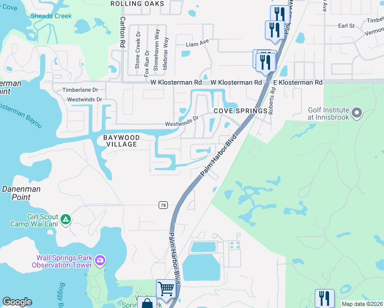 map of restaurants, bars, coffee shops, grocery stores, and more near 463 Harbor Ridge Drive in Palm Harbor
