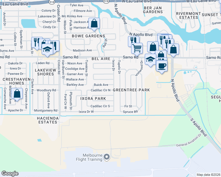 map of restaurants, bars, coffee shops, grocery stores, and more near 1678 Cadillac Circle North in Melbourne