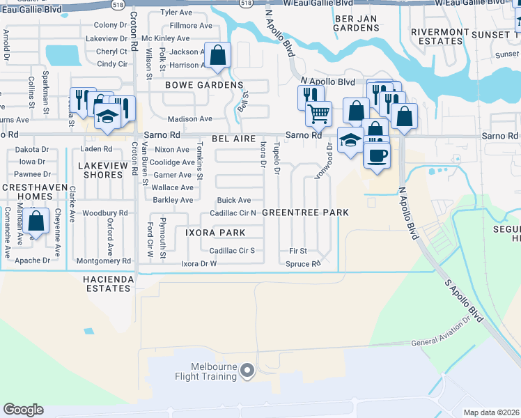 map of restaurants, bars, coffee shops, grocery stores, and more near 1678 Cadillac Circle North in Melbourne