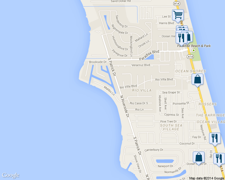 map of restaurants, bars, coffee shops, grocery stores, and more near 750 Malibu Ln in Indialantic