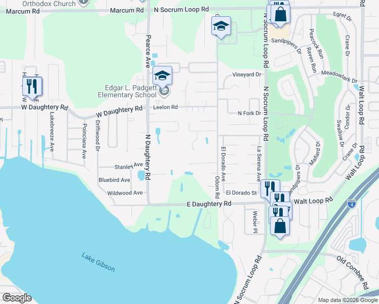 map of restaurants, bars, coffee shops, grocery stores, and more near 5734 Granite Lane in Lakeland