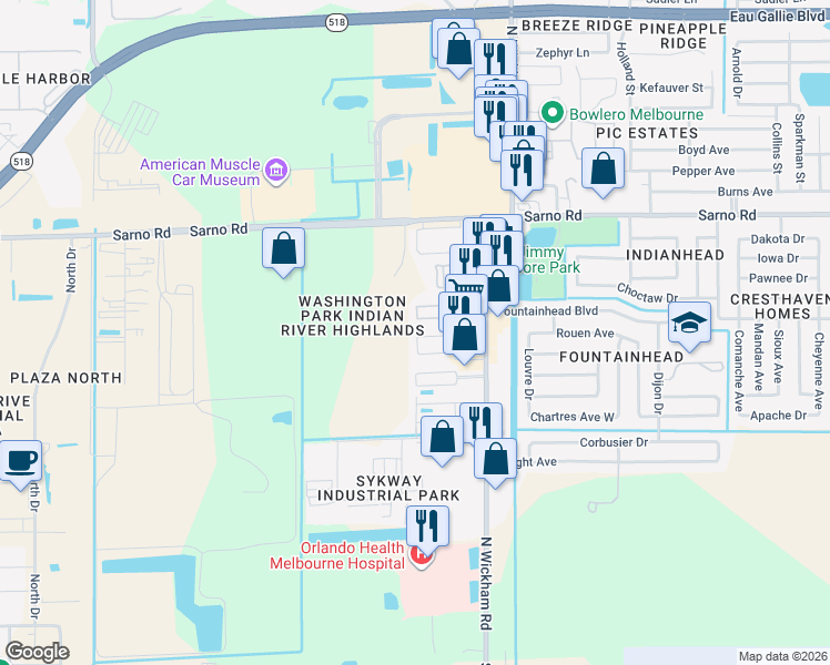 map of restaurants, bars, coffee shops, grocery stores, and more near 708 Ridge Club Drive in Melbourne