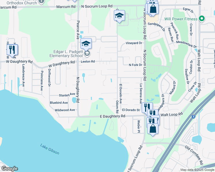 map of restaurants, bars, coffee shops, grocery stores, and more near 5722 Granite Lane in Lakeland