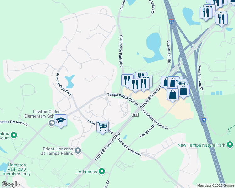 map of restaurants, bars, coffee shops, grocery stores, and more near 16798 Tampa Palms Boulevard West in Tampa