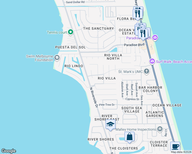 map of restaurants, bars, coffee shops, grocery stores, and more near 3091 Rio Pino South in Indialantic