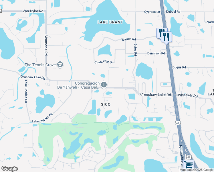 map of restaurants, bars, coffee shops, grocery stores, and more near 620 Crenshaw Lake Road in Lutz