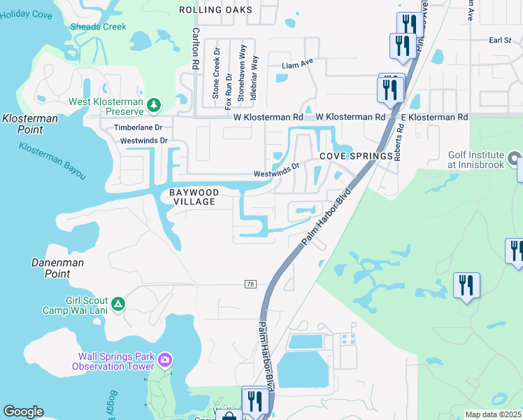 map of restaurants, bars, coffee shops, grocery stores, and more near 113 Sunrise Drive in Palm Harbor