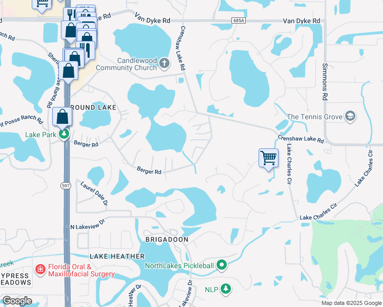 map of restaurants, bars, coffee shops, grocery stores, and more near 3529 Berger Road in Lutz