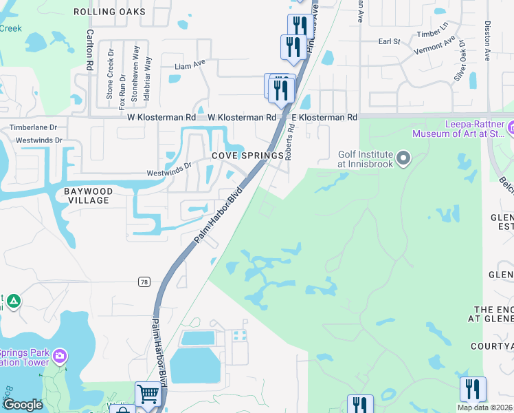 map of restaurants, bars, coffee shops, grocery stores, and more near 4587 Pleasant Avenue in Palm Harbor