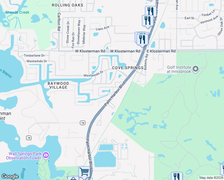 map of restaurants, bars, coffee shops, grocery stores, and more near 554 Harbor Ridge Drive in Palm Harbor