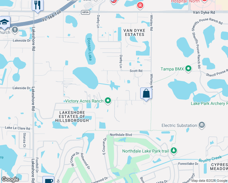 map of restaurants, bars, coffee shops, grocery stores, and more near 16748 Whirley Road in Lutz