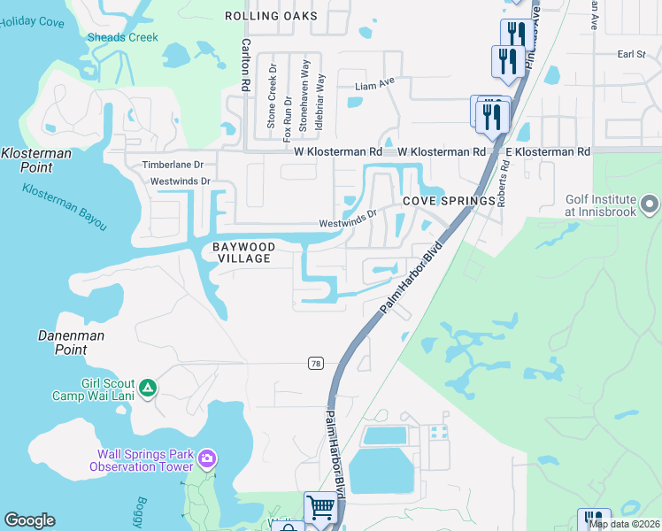 map of restaurants, bars, coffee shops, grocery stores, and more near 119 Gulfwinds Drive in Palm Harbor