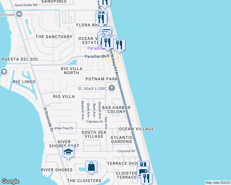 map of restaurants, bars, coffee shops, grocery stores, and more near 1247 Beachside Lane in Indialantic