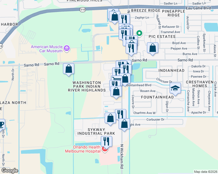 map of restaurants, bars, coffee shops, grocery stores, and more near 3098 Fountainhead Circle in Melbourne