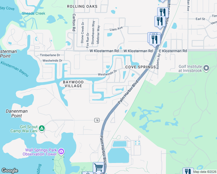 map of restaurants, bars, coffee shops, grocery stores, and more near 129 Gulfwinds Drive East in Palm Harbor