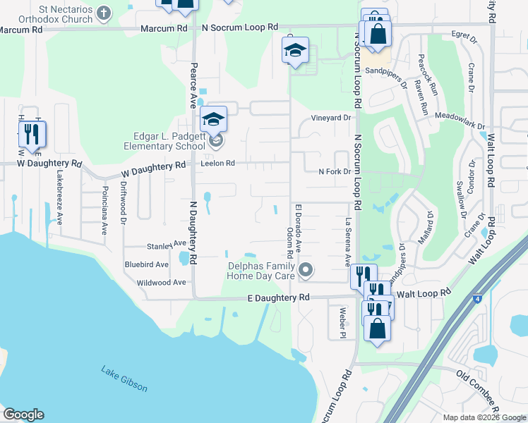 map of restaurants, bars, coffee shops, grocery stores, and more near 5779 Granite Lane in Lakeland