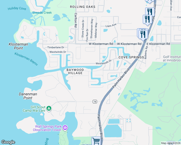 map of restaurants, bars, coffee shops, grocery stores, and more near 401 Crosswinds Drive in Palm Harbor