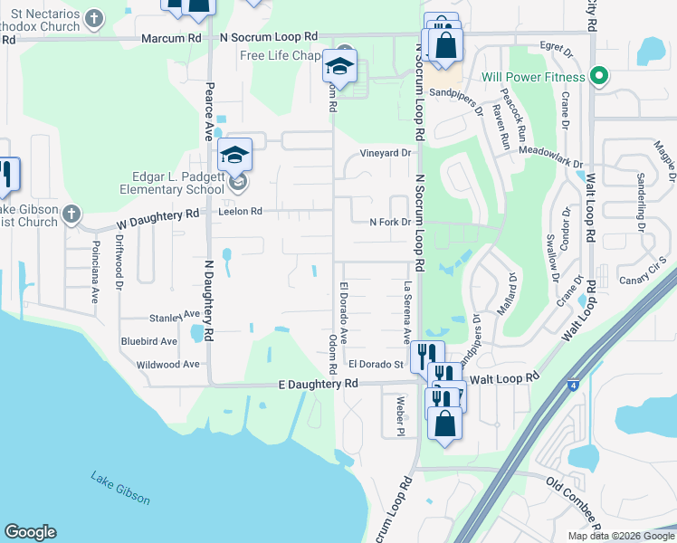 map of restaurants, bars, coffee shops, grocery stores, and more near 295 Granite Drive in Lakeland
