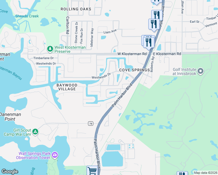 map of restaurants, bars, coffee shops, grocery stores, and more near 4710 Innisfil Street in Palm Harbor