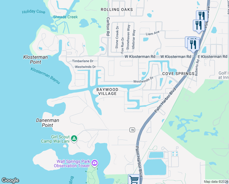 map of restaurants, bars, coffee shops, grocery stores, and more near 335 Crosswinds Drive in Palm Harbor
