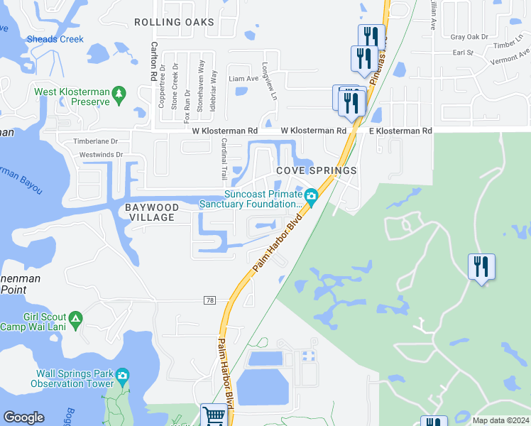 map of restaurants, bars, coffee shops, grocery stores, and more near 423 Manor Boulevard in Palm Harbor