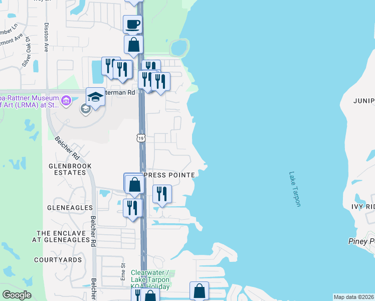 map of restaurants, bars, coffee shops, grocery stores, and more near 4650 Ridgeview Road in Palm Harbor