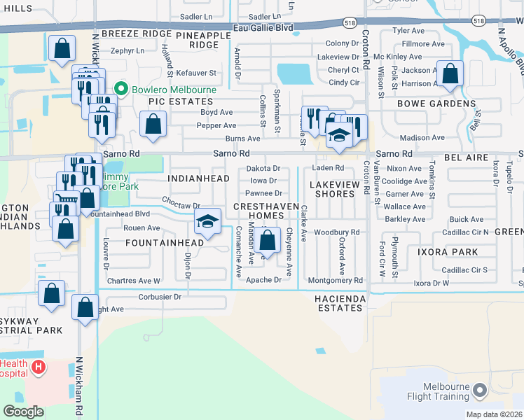 map of restaurants, bars, coffee shops, grocery stores, and more near 2392 Delaware Drive in Melbourne