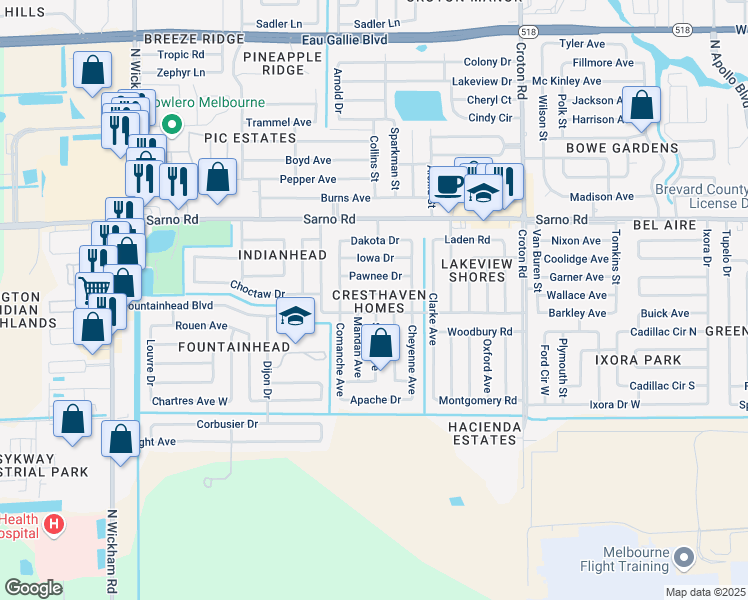 map of restaurants, bars, coffee shops, grocery stores, and more near 2417 Delaware Drive in Melbourne