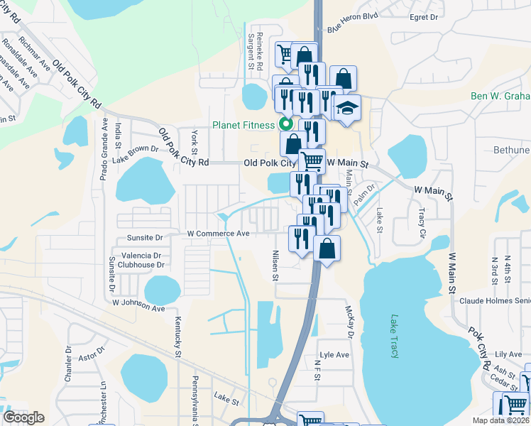 map of restaurants, bars, coffee shops, grocery stores, and more near 96 Hemingway Circle in Haines City
