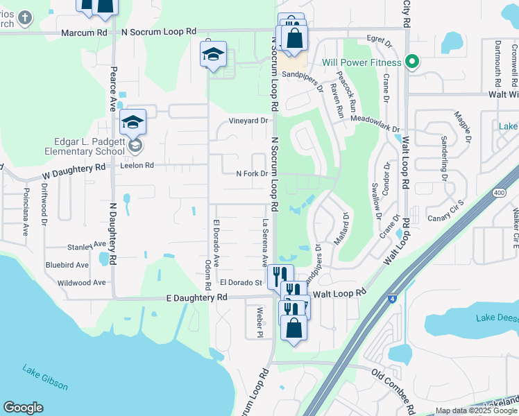 map of restaurants, bars, coffee shops, grocery stores, and more near 439 Corona Del Mar Street in Lakeland