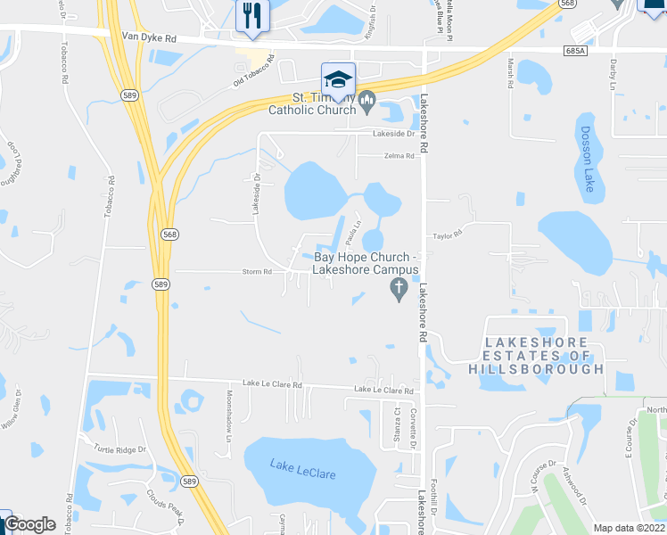 map of restaurants, bars, coffee shops, grocery stores, and more near 5801 Lakeside Drive in Lutz