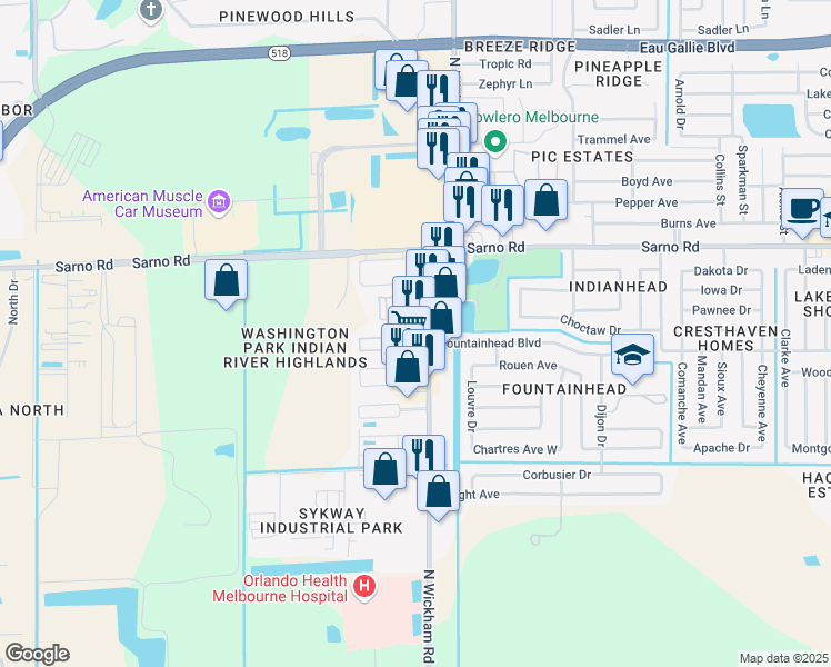 map of restaurants, bars, coffee shops, grocery stores, and more near 760 North Wickham Road in Melbourne