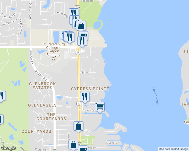map of restaurants, bars, coffee shops, grocery stores, and more near 2613 Grand Lakeside Drive in Palm Harbor