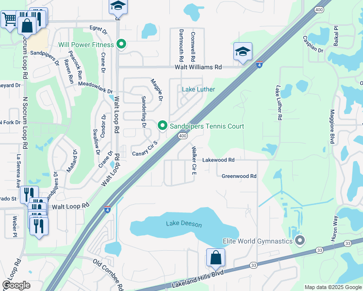 map of restaurants, bars, coffee shops, grocery stores, and more near 5828 Lakewood Lane in Lakeland