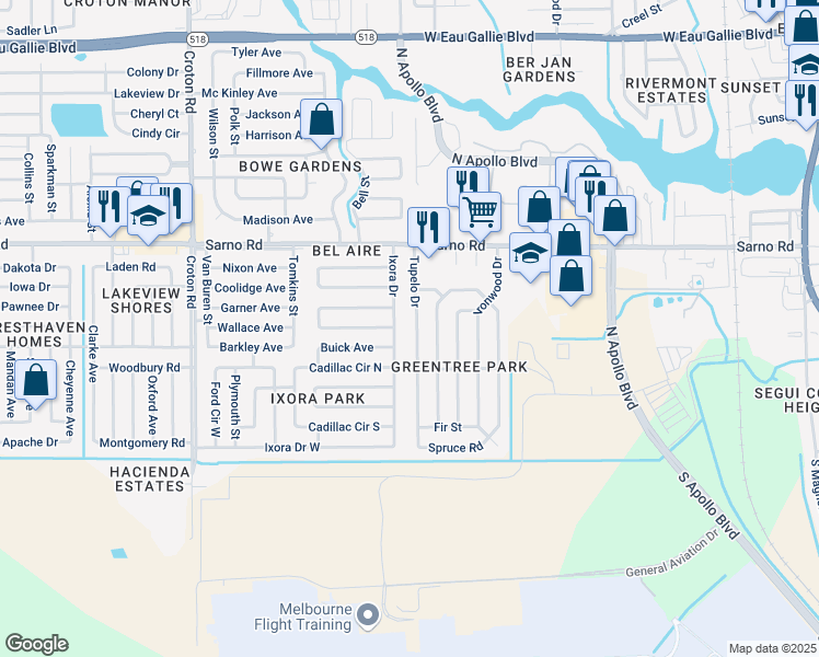 map of restaurants, bars, coffee shops, grocery stores, and more near 753 Tupelo Drive in Melbourne