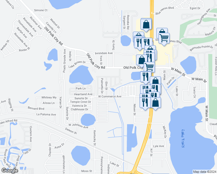 map of restaurants, bars, coffee shops, grocery stores, and more near 1301 Polk City Road in Haines City