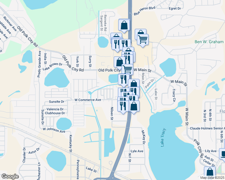 map of restaurants, bars, coffee shops, grocery stores, and more near Hemingway Circle in Haines City