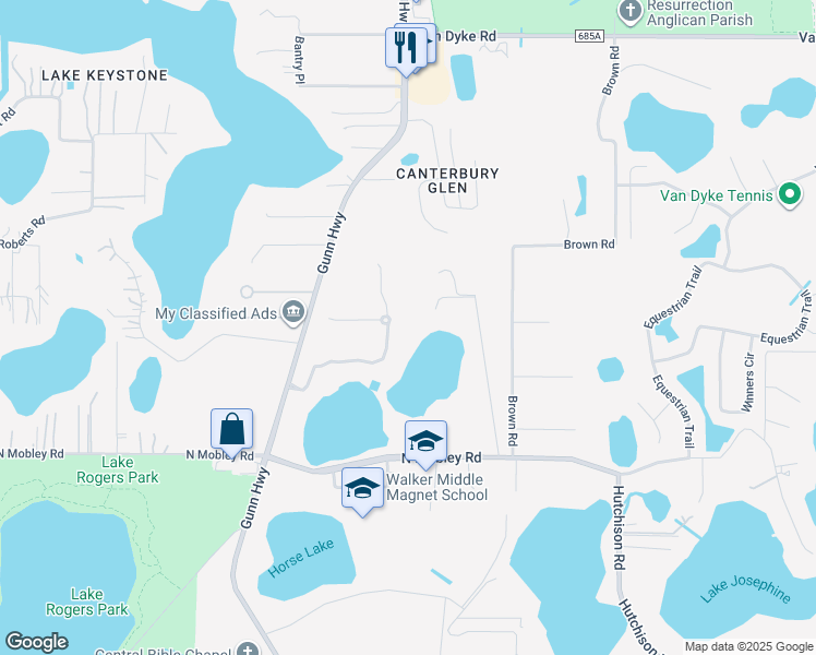 map of restaurants, bars, coffee shops, grocery stores, and more near 17125 Journeys End Drive in Odessa